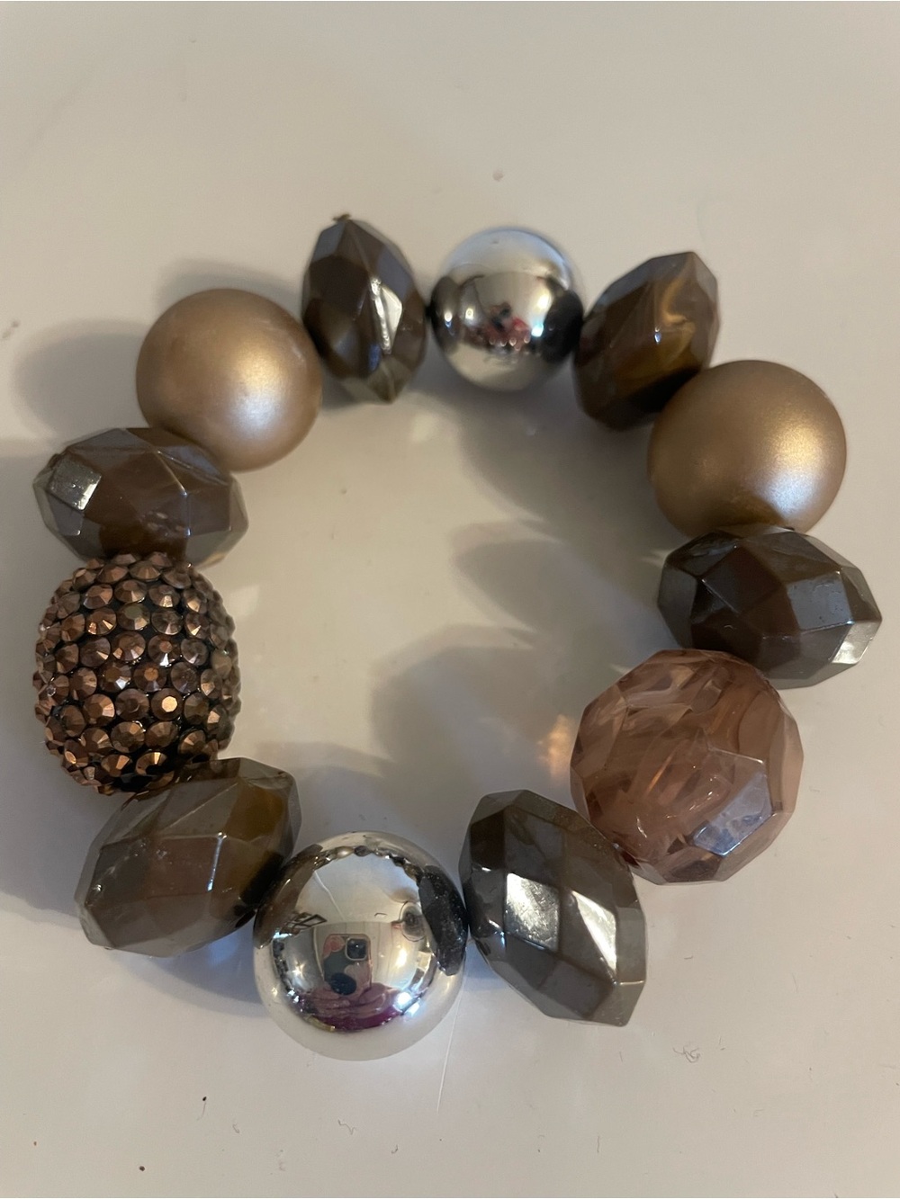 Chunky Brown and Metallic Beaded Stretch Bracelet